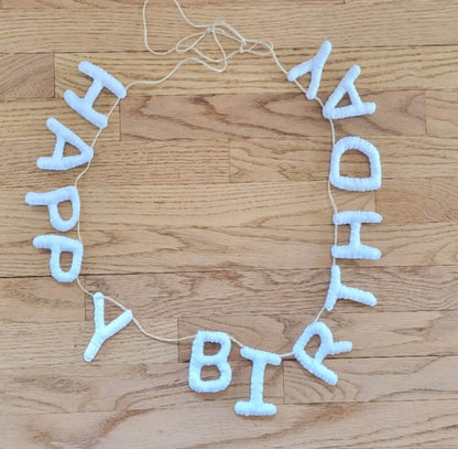 047 - Hand stitched "HAPPY BIRTHDAY" white felt garland, 60"
