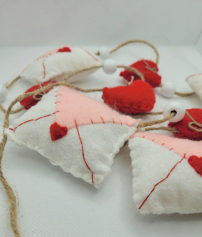 047 - Valentine Love Letter with Hearts Felt Garland, Hand-stitched 60"