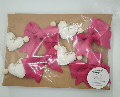 047 - Pink Bow and White Heart Felt Garland Hand-stitched 60in