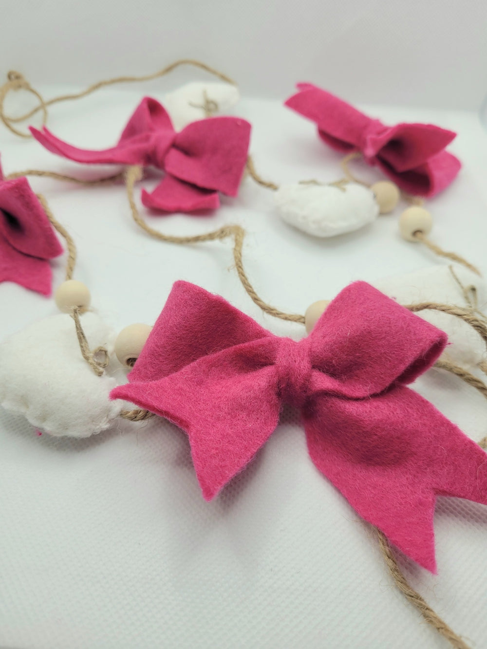 047 - Pink Bow and White Heart Felt Garland Hand-stitched 60in