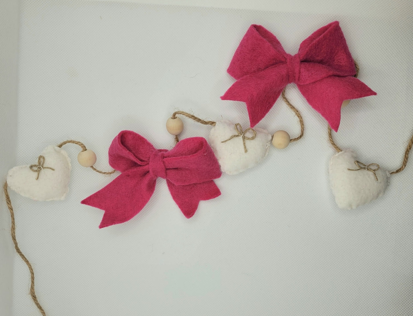 047 - Pink Bow and White Heart Felt Garland Hand-stitched 60in
