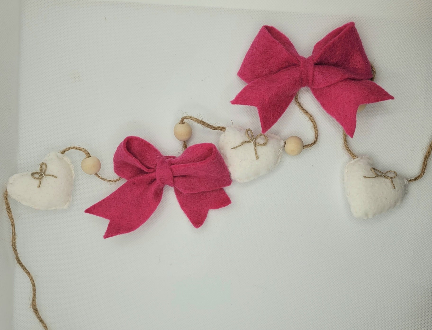 047 - Pink Bow and White Heart Felt Garland Hand-stitched 60in