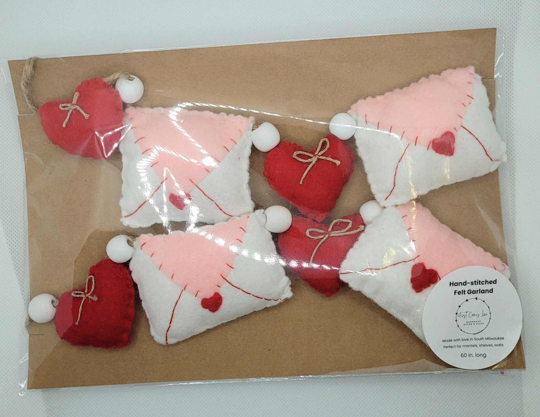 047 - Valentine Love Letter with Hearts Felt Garland, Hand-stitched 60"