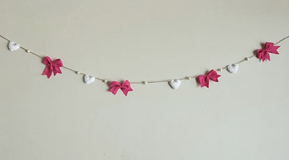047 - Pink Bow and White Heart Felt Garland Hand-stitched 60in