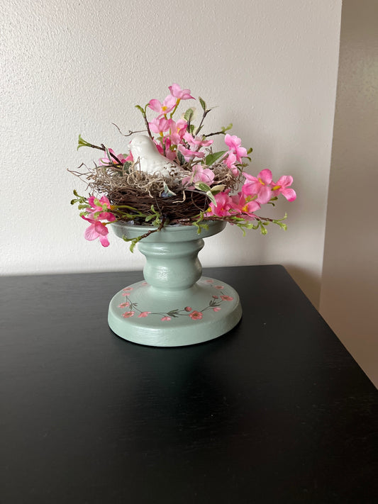 Repurposed Sage Green Candle Stand with Spring Florals and Bird’s Nest