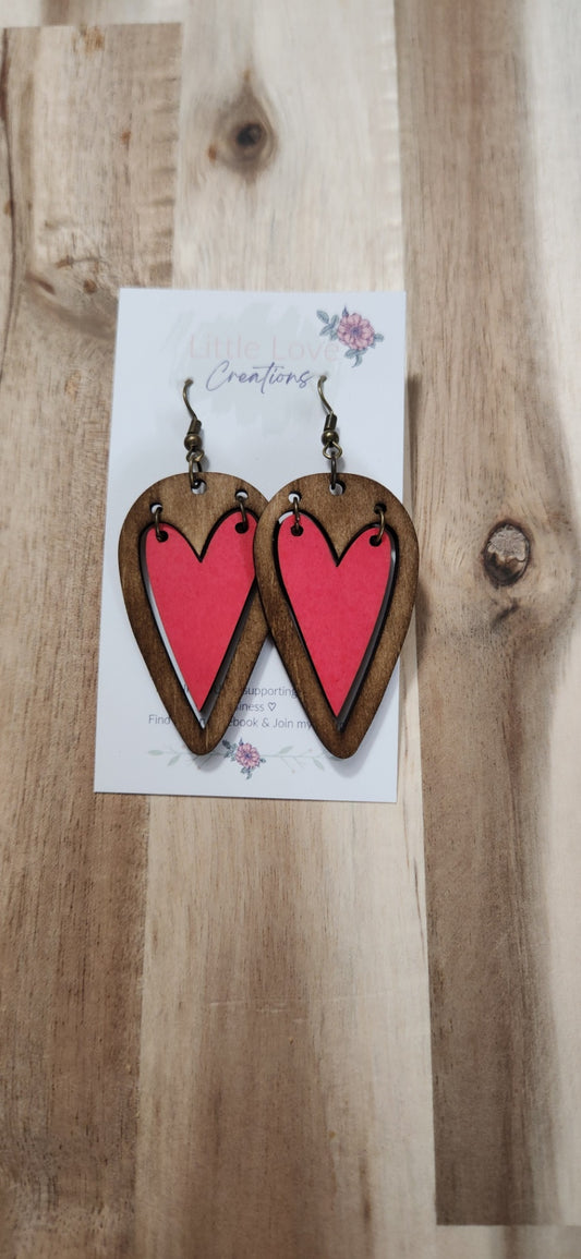 011 - Whimsical Wooden Red Heart Dangle Earrings
