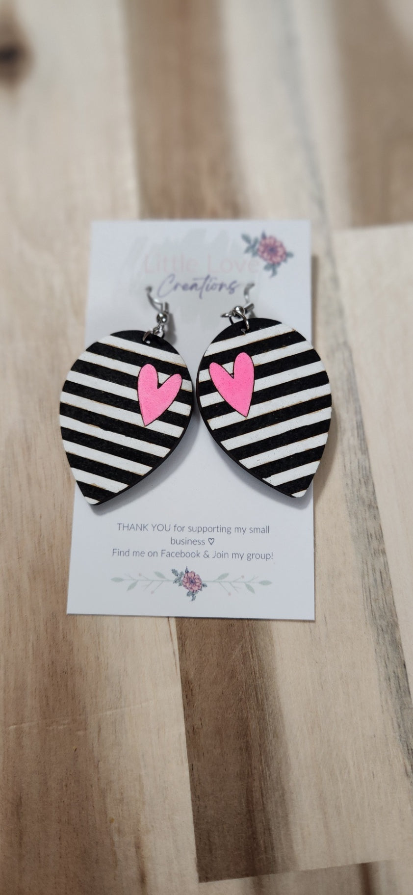 011 - Black & White Striped Pink Heart Wooden Dangle Earrings