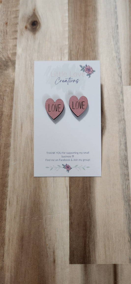 011 - Pink Wooden Sweet-Heart Love Stud Earrings