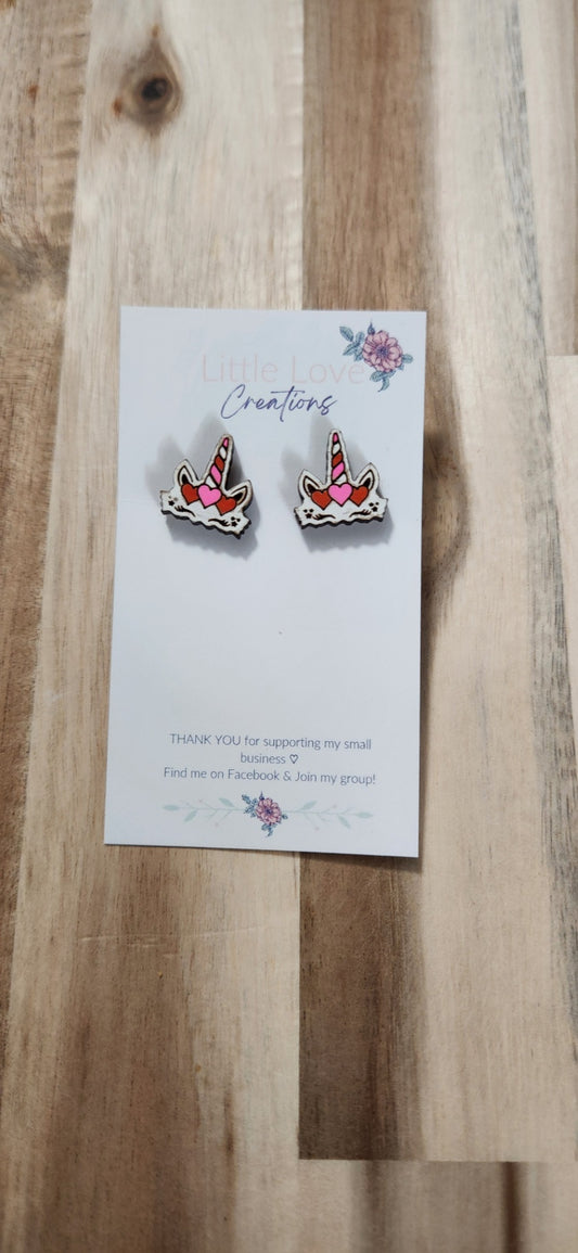 011 - Wooden Valentines Unicorn Stud Earrings