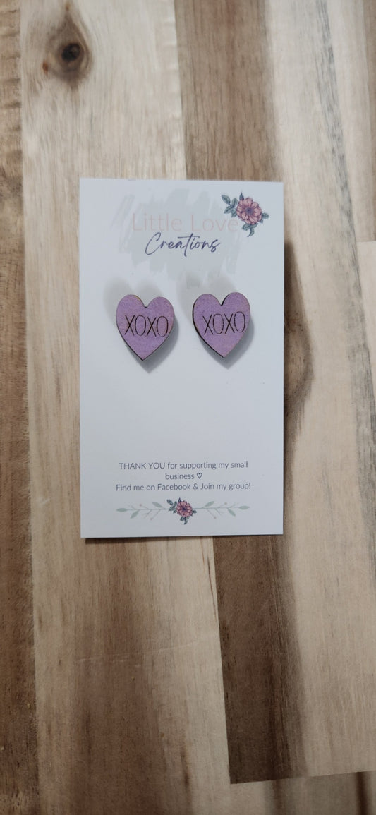 011 - Purple Wooden Sweet-Heart XOXO Stud Earrings