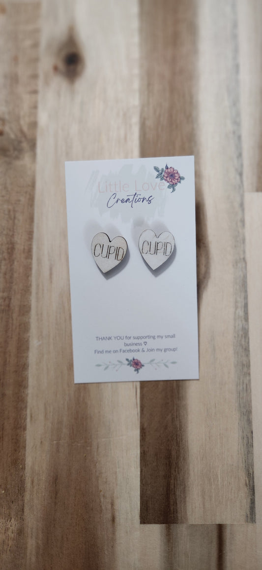 011 - White Wooden Sweet-Heart Cupid Stud Earrings