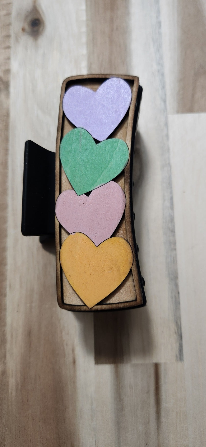 011 - Large Wooden Pastel Hearts Claw Hair Clip