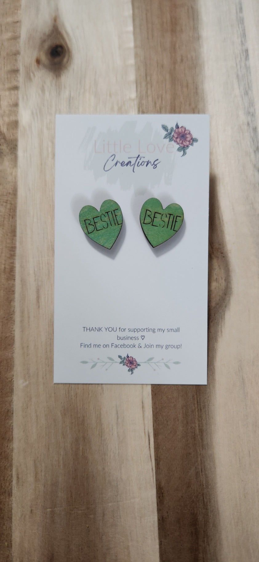 011 - Green Wooden Sweet-Heart Bestie Stud Earrings