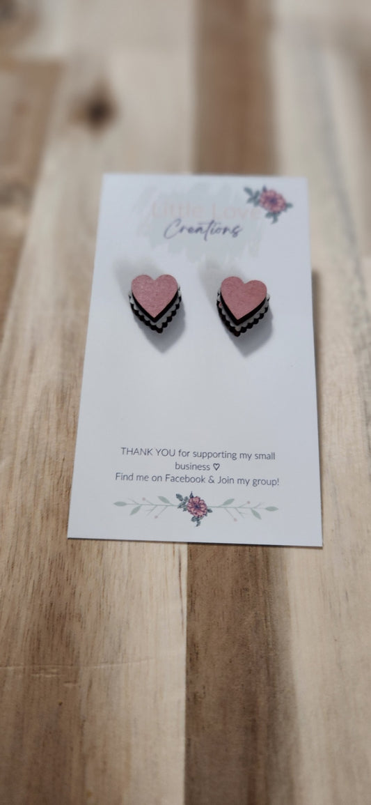 011 - Layered Pink and White Wooden Scalloped Heart Stud Earrings