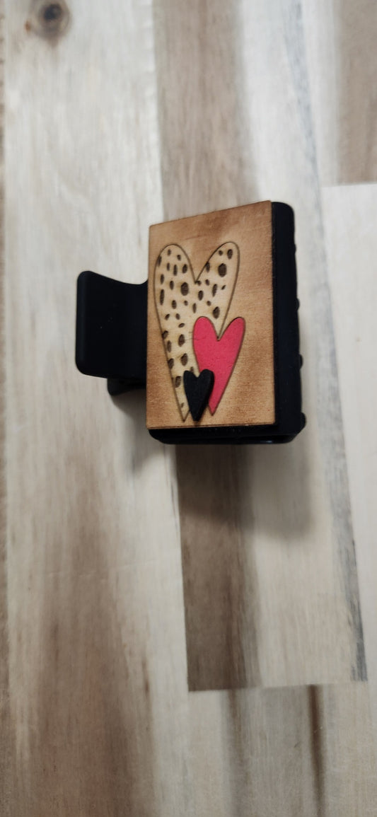 011 - Small Spotted Red and Black Wooden Heart Claw Hair Clip