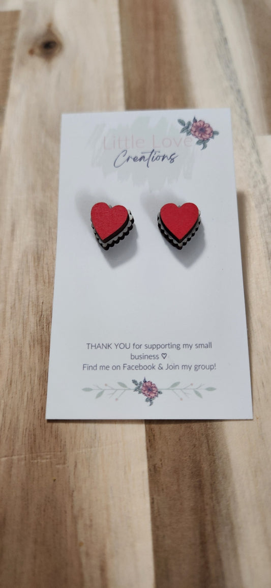 011 - Layered Red and White Wooden Scalloped Heart Stud Earrings
