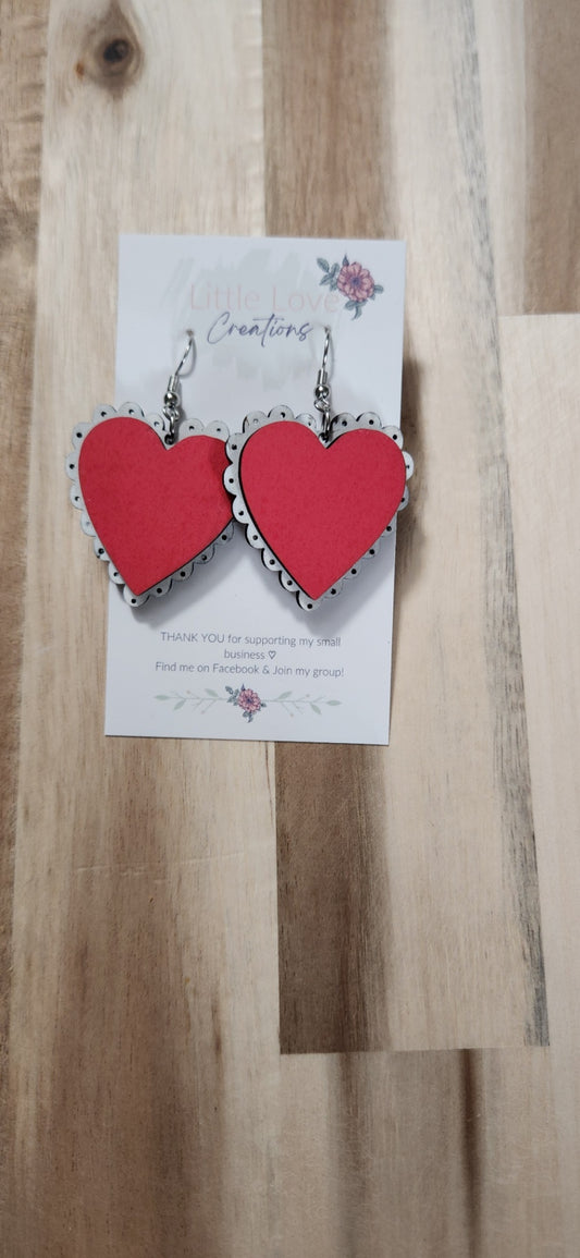 011 - Layered Red and White Scalloped Wooden Heart Dangle Earrings