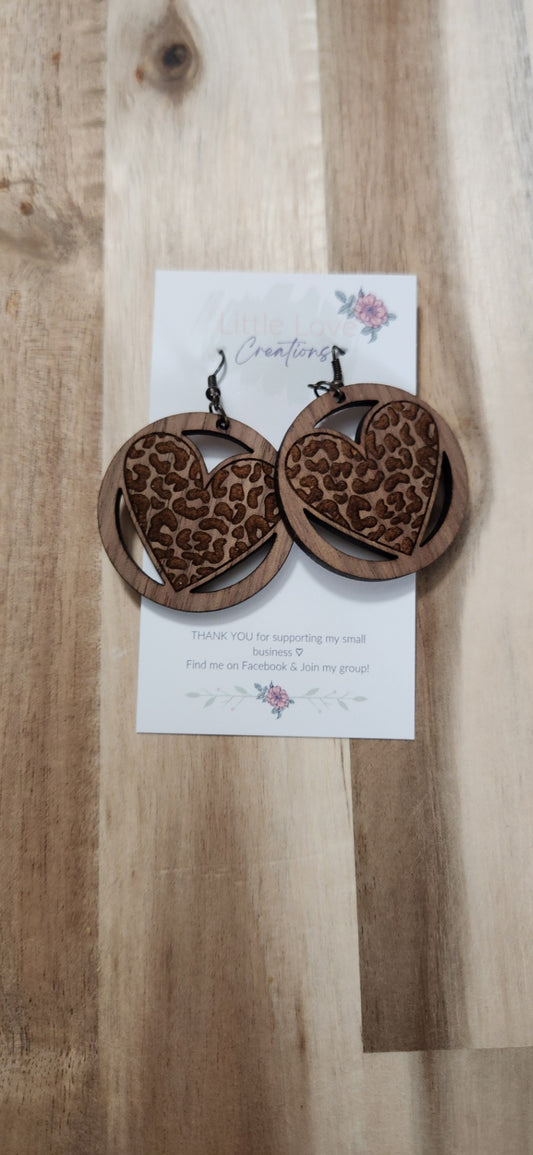 011 - Cheetah Heart Wooden Dangle Earrings 