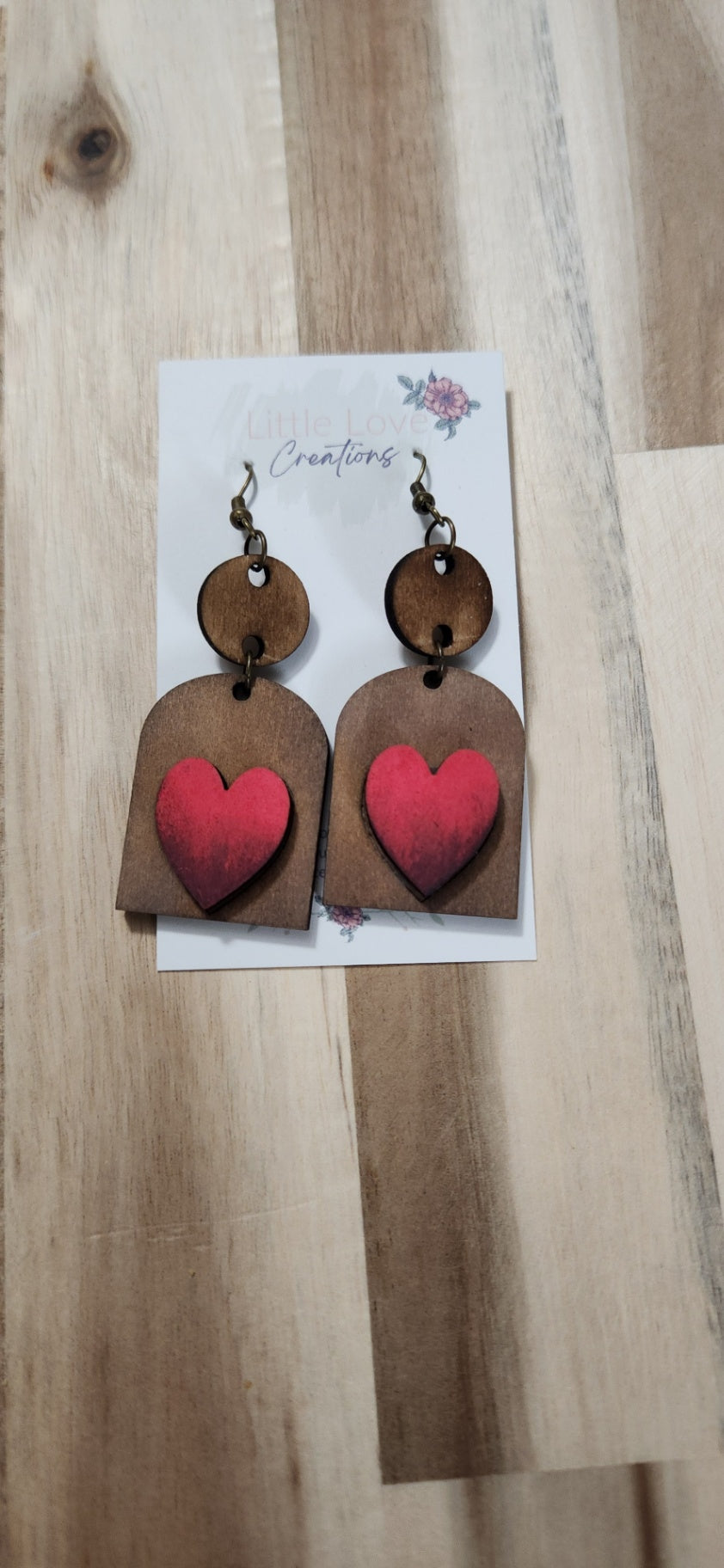 011 - Distressed Red Heart Wooden Dangle Earrings