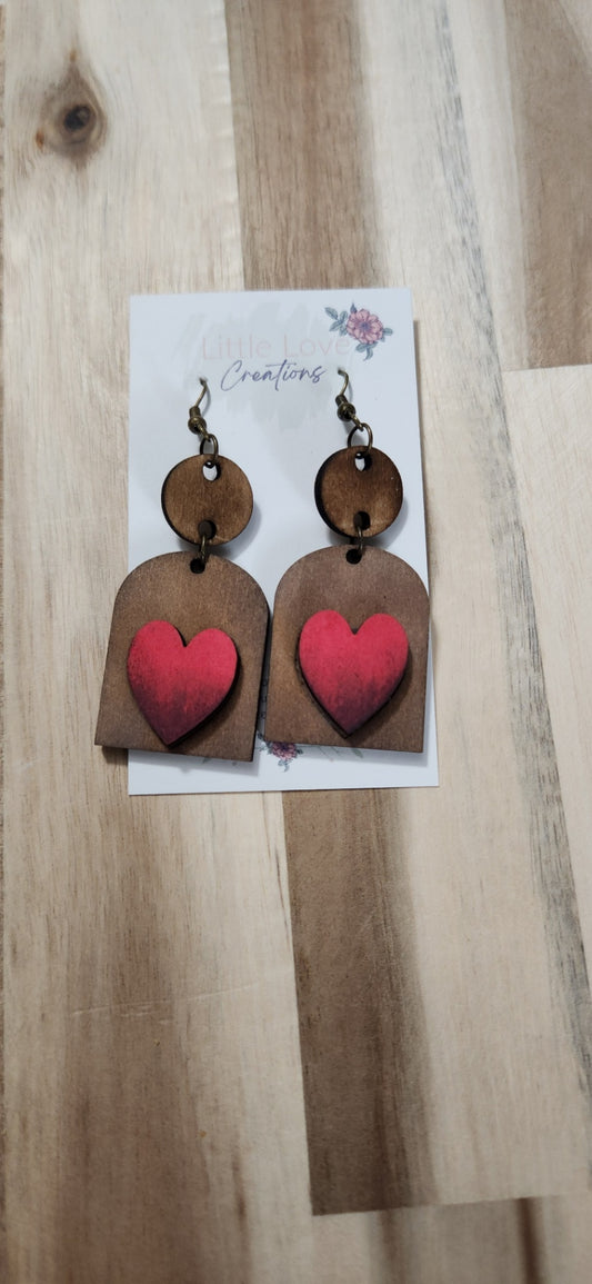011 - Distressed Red Heart Wooden Dangle Earrings