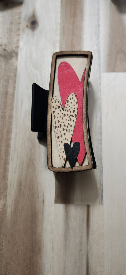 011 - Large Spotted Red and Black Wooden Heart Claw Hair Clip