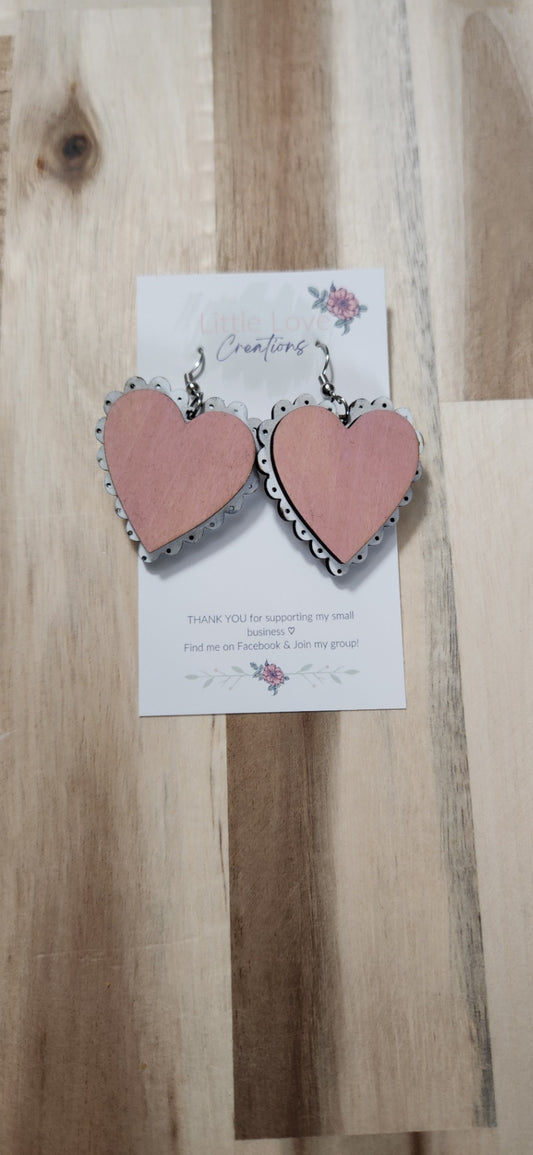 011 - Layered Pink and White Scalloped Wooden Heart Dangle Earrings
