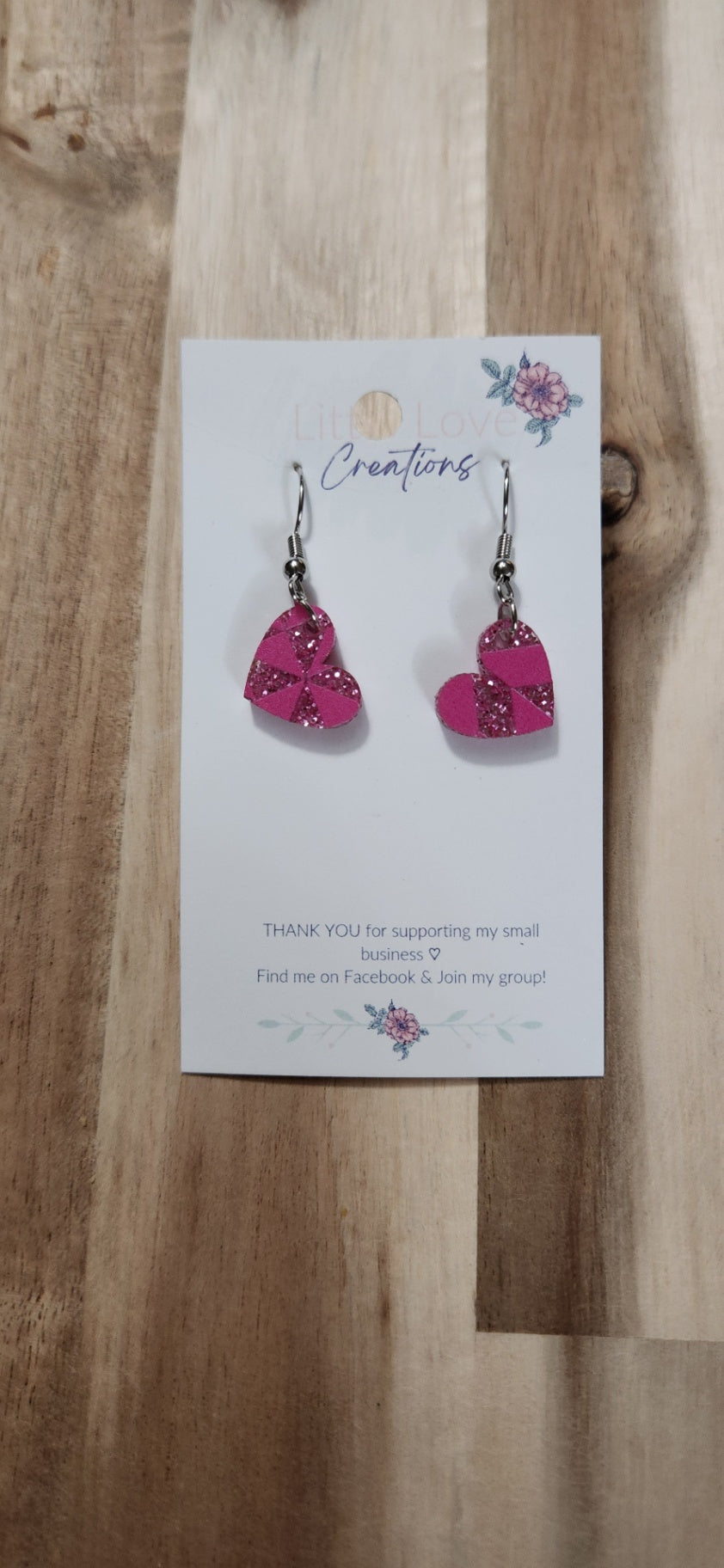 011 - Geometric Pink Glitter Acrylic Mini Heart Dangle Earrings 