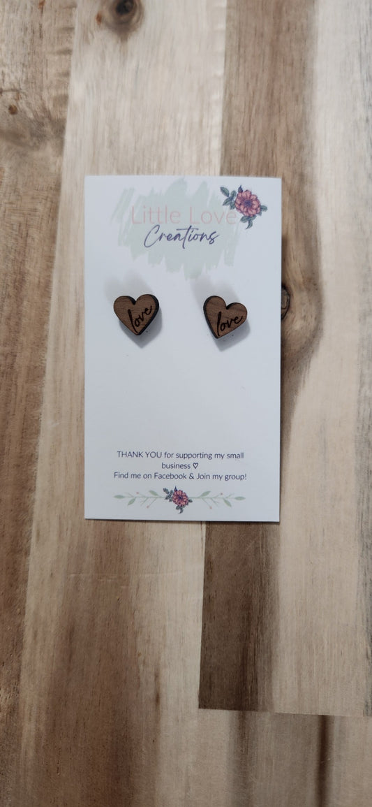 011 - Wooden "Love" Heart Stud Earrings