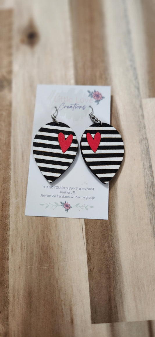 011 - Black & White Striped Red Heart Wooden Dangle Earrings