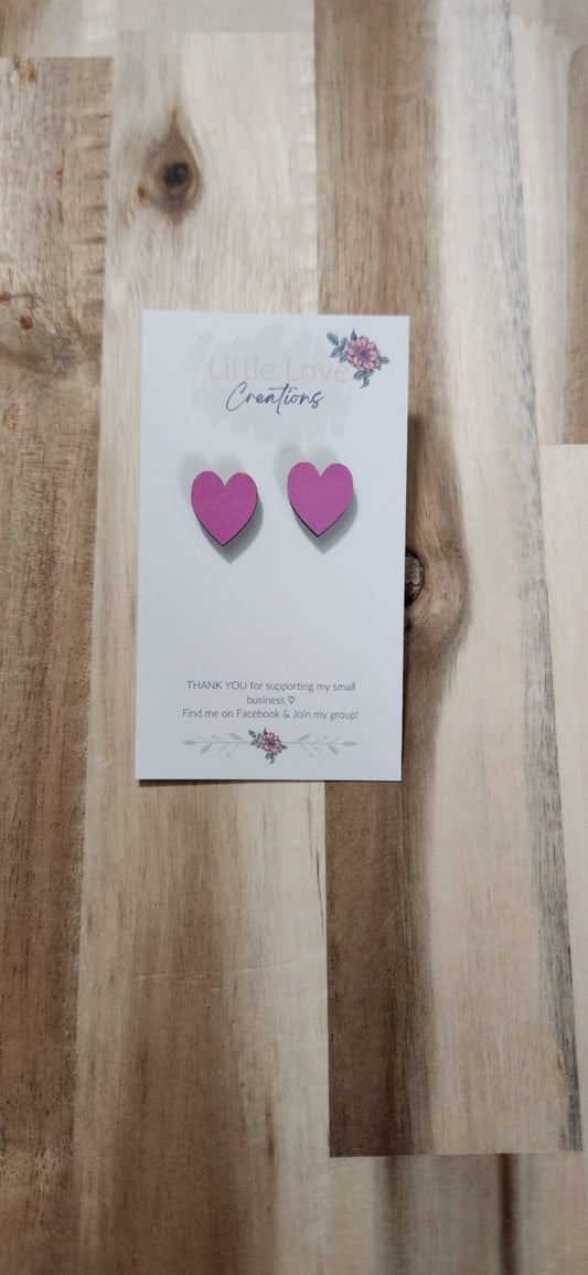 011 - Magenta Wooden Heart Stud Earrings