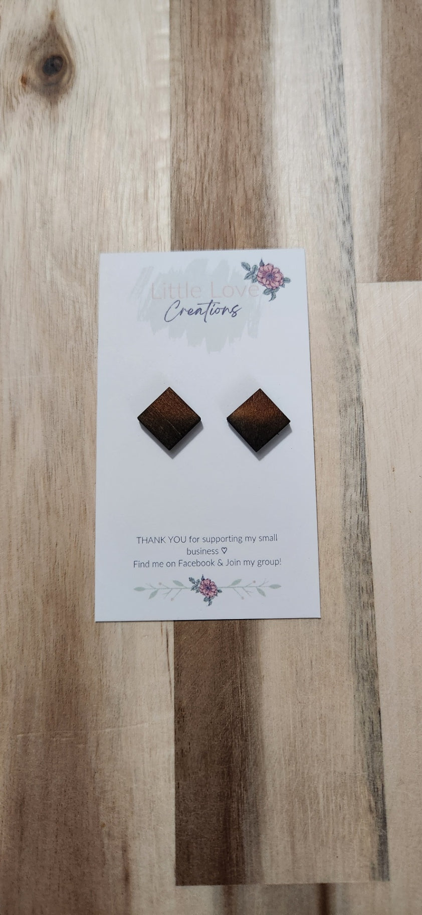 011 - Black Distressed Diamond Wooden Stud Earrings 