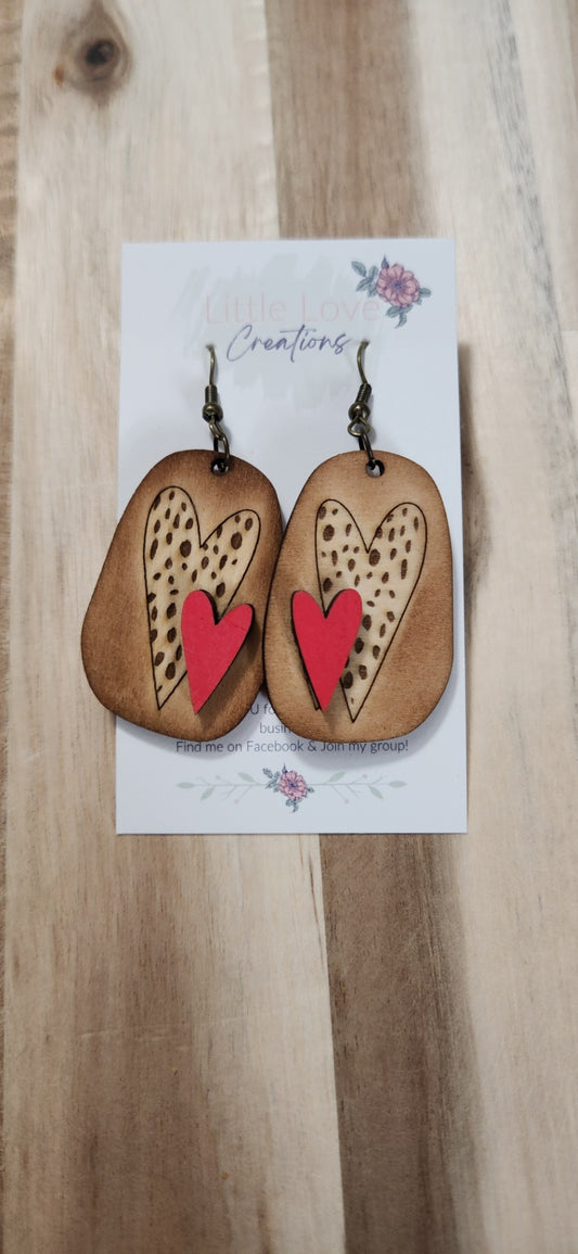 011 - Layered Spotted Heart Wooden Dangle Earrings