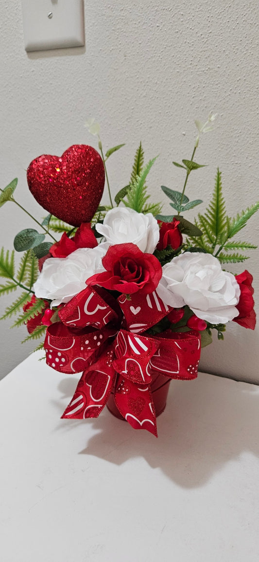 054 - Valentine Red Tin Floral Bucket Centerpiece