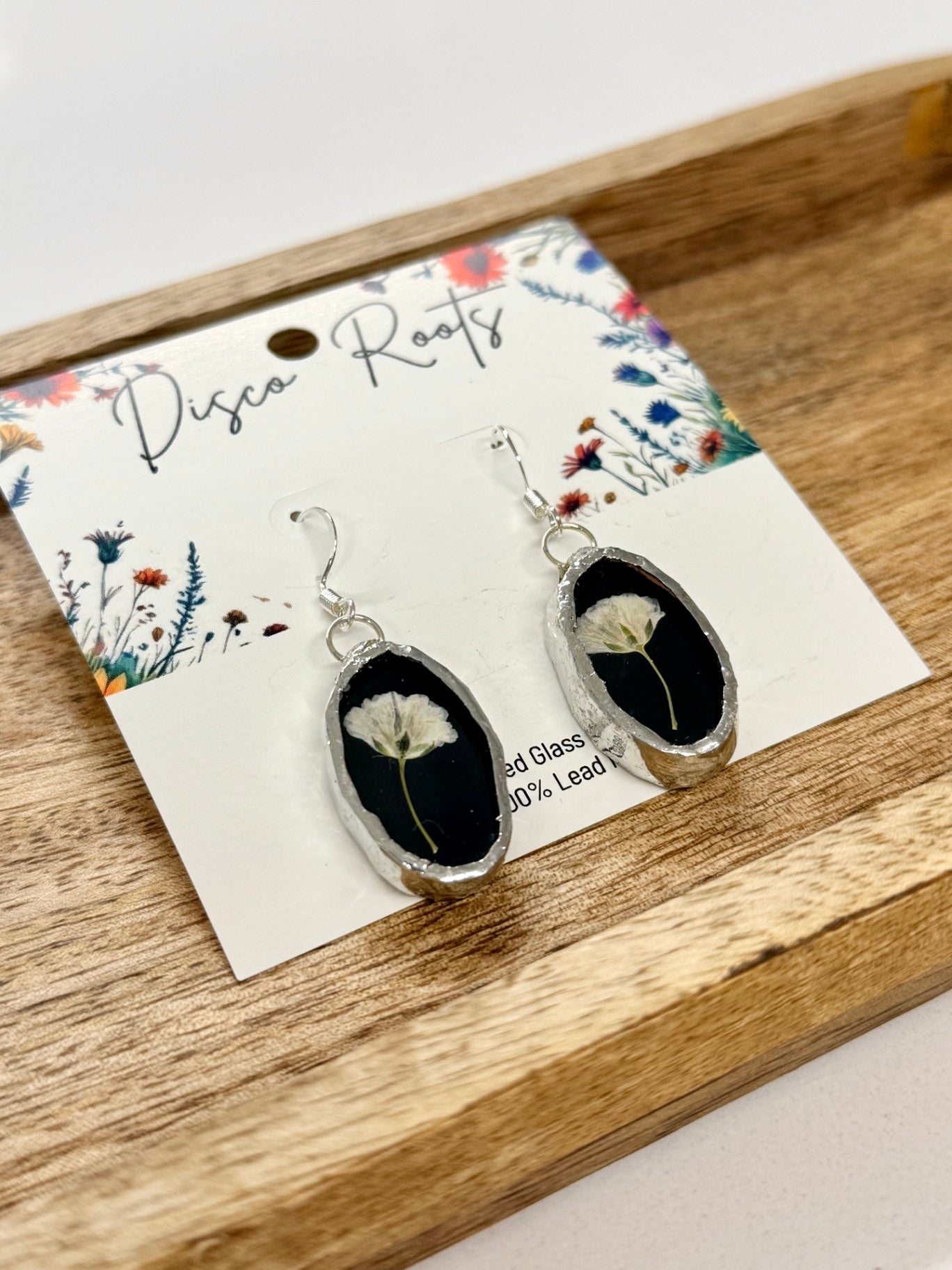 057 - Handmade Black Stained Glass Pressed Flower Earrings – Nickel Free
