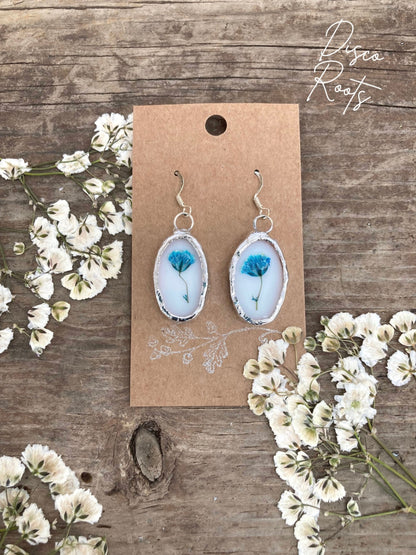 057 - Handmade White Stained Glass Pressed Flower Earrings – Nickel Free