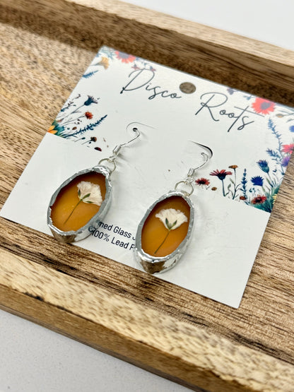 057 - Handmade Orange Stained Glass Pressed Flower Earrings – Nickel Free