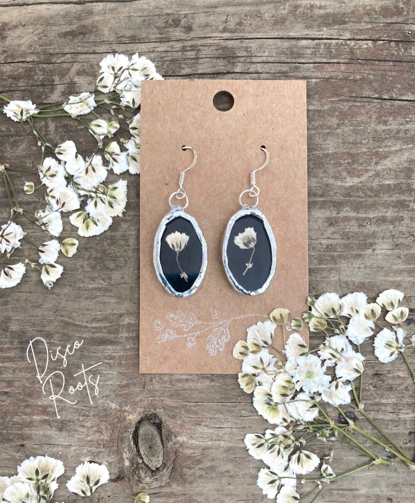 057 - Handmade Black Stained Glass Pressed Flower Earrings – Nickel Free
