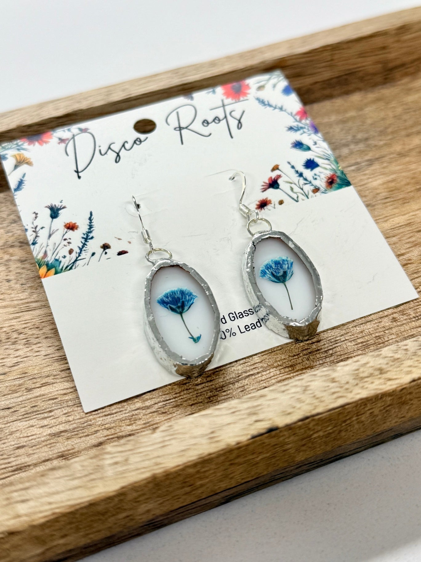 057 - Handmade White Stained Glass Pressed Flower Earrings – Nickel Free