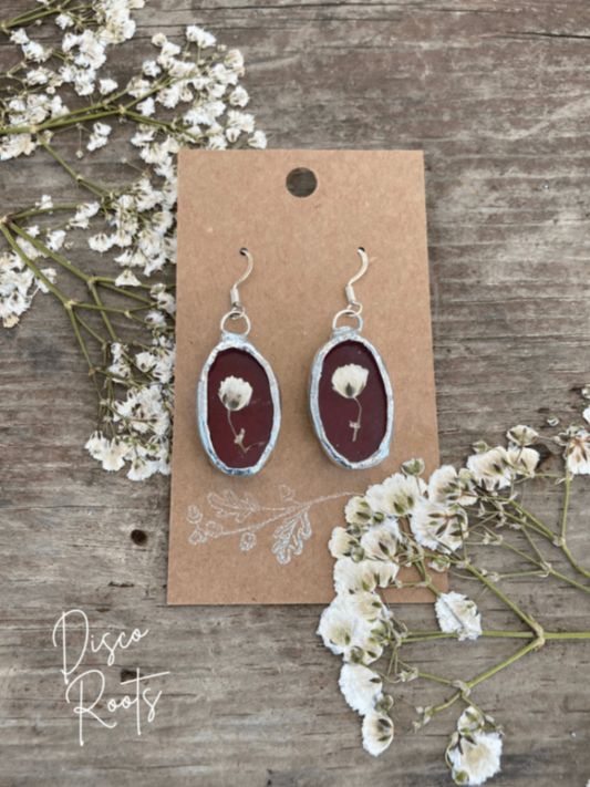Handmade Red Stained Glass Pressed Flower Earrings – Nickel Free