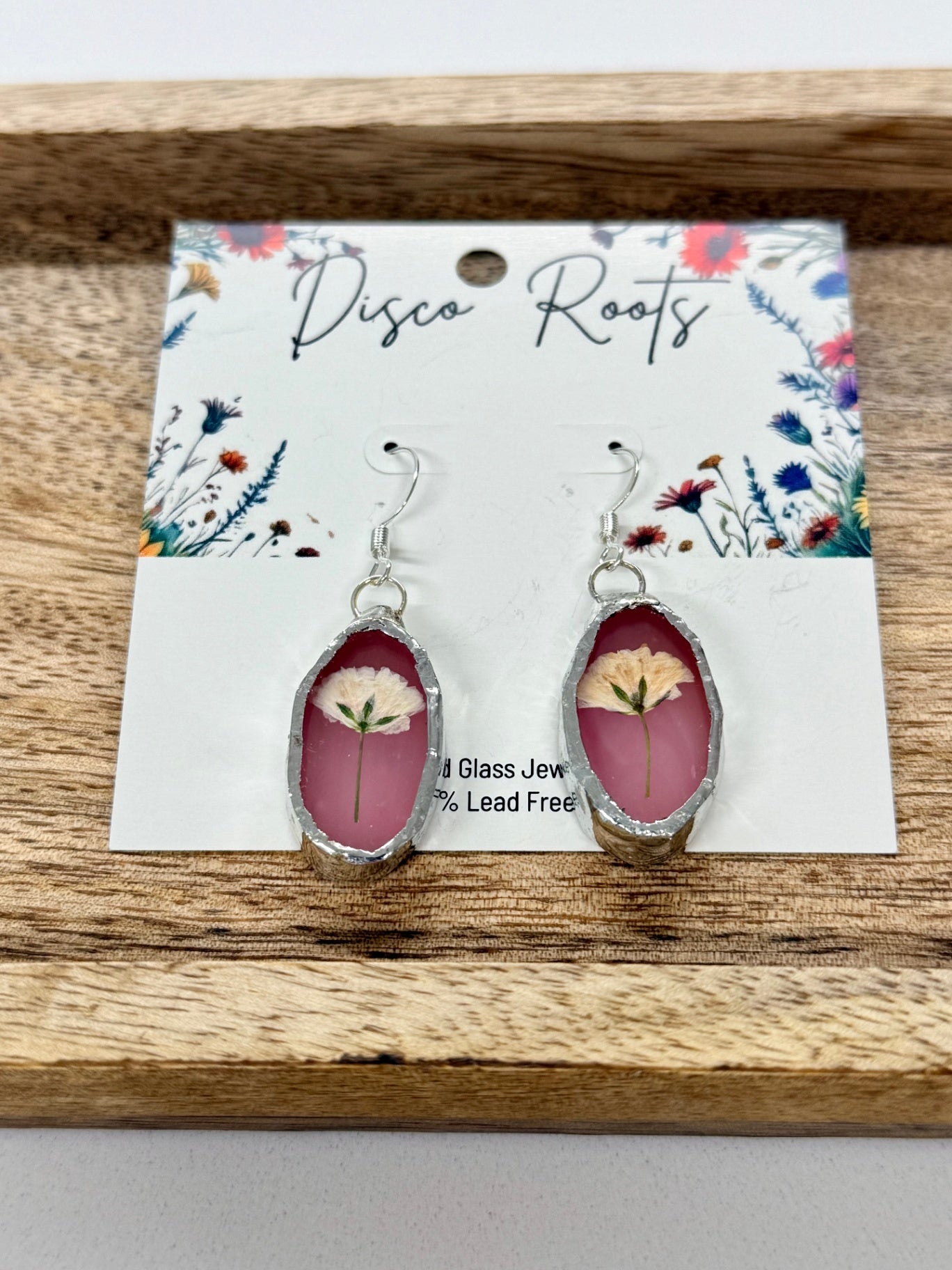 Handmade Mauve Stained Glass Pressed Flower Earrings – Nickel Free