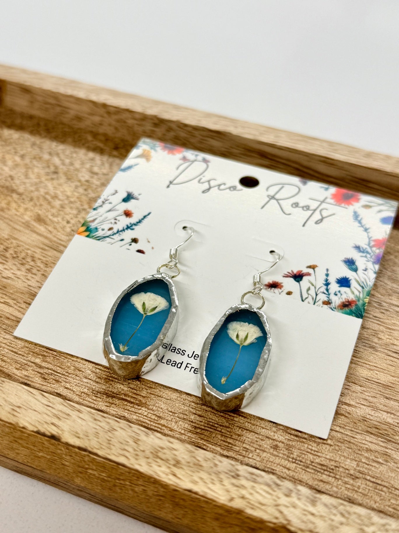 057 - Handmade Blue Stained Glass Pressed Flower Earrings – Nickel Free