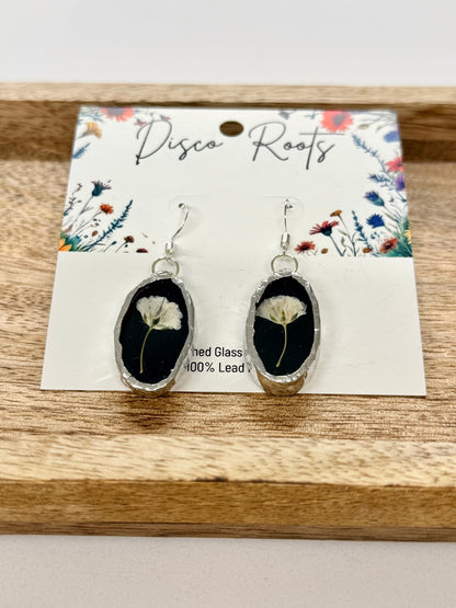 057 - Handmade Black Stained Glass Pressed Flower Earrings – Nickel Free