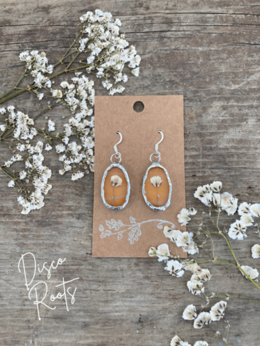 057 - Handmade Orange Stained Glass Pressed Flower Earrings – Nickel Free