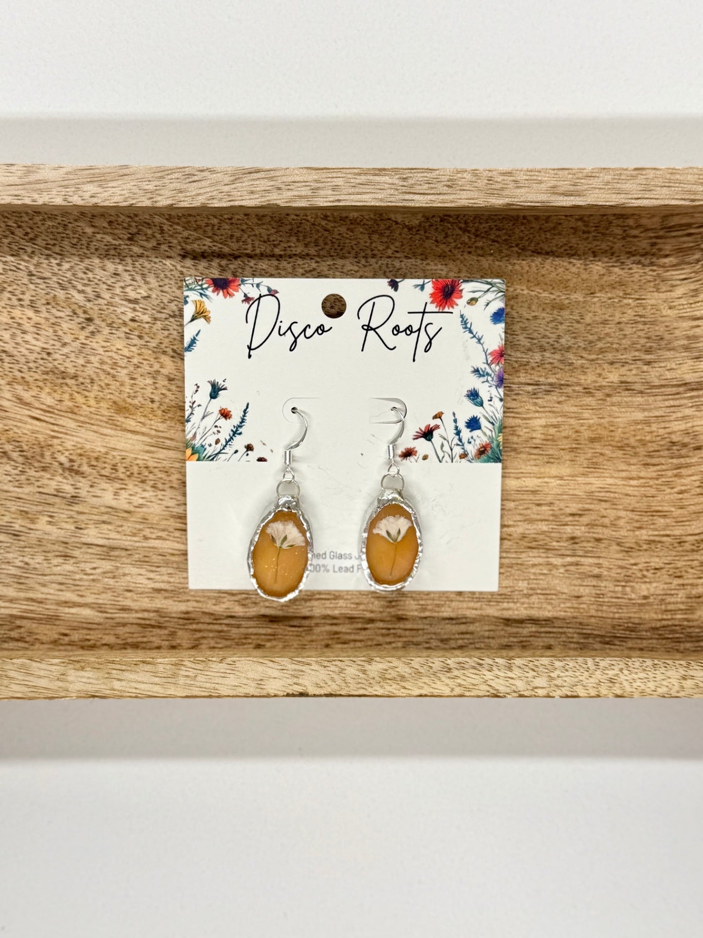 057 - Handmade Orange Stained Glass Pressed Flower Earrings – Nickel Free