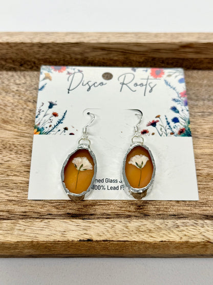 057 - Handmade Orange Stained Glass Pressed Flower Earrings – Nickel Free