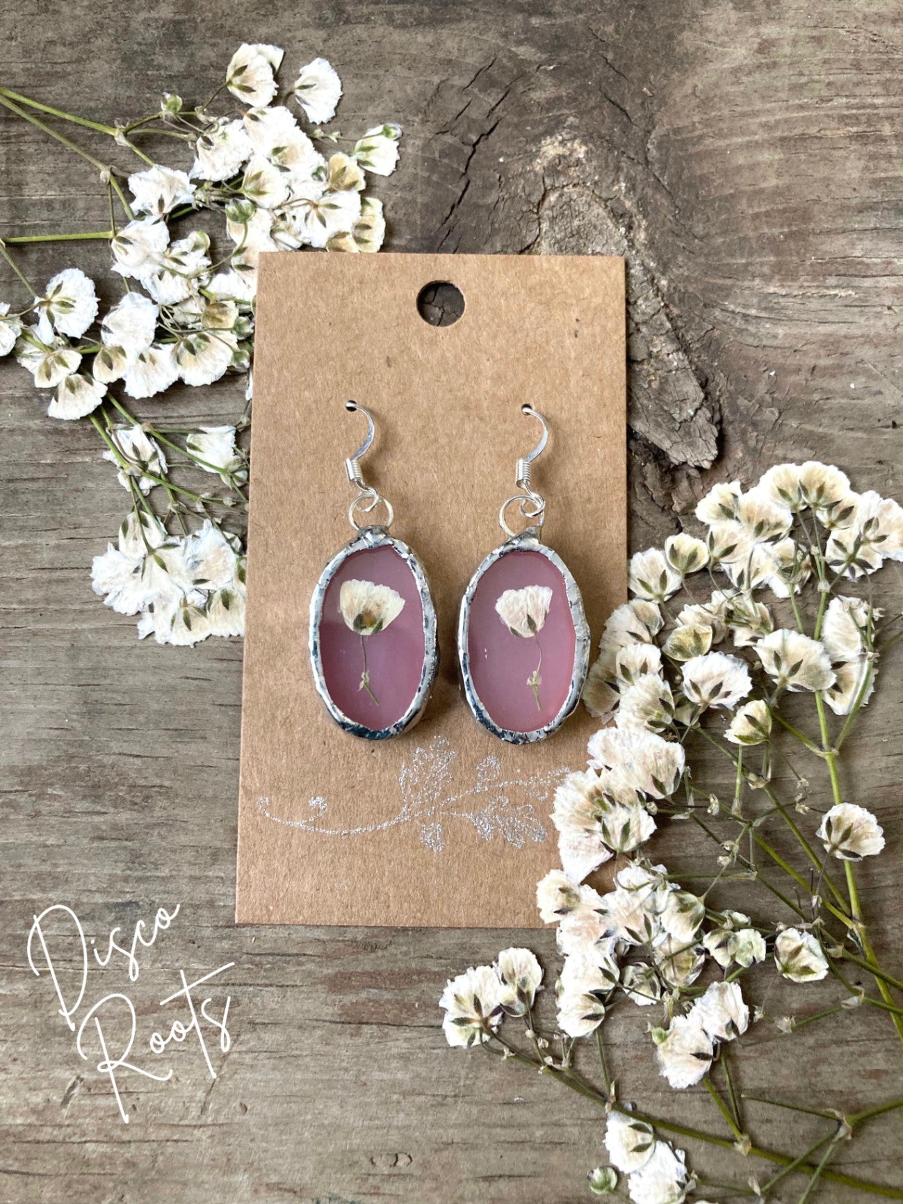 Handmade Mauve Stained Glass Pressed Flower Earrings – Nickel Free