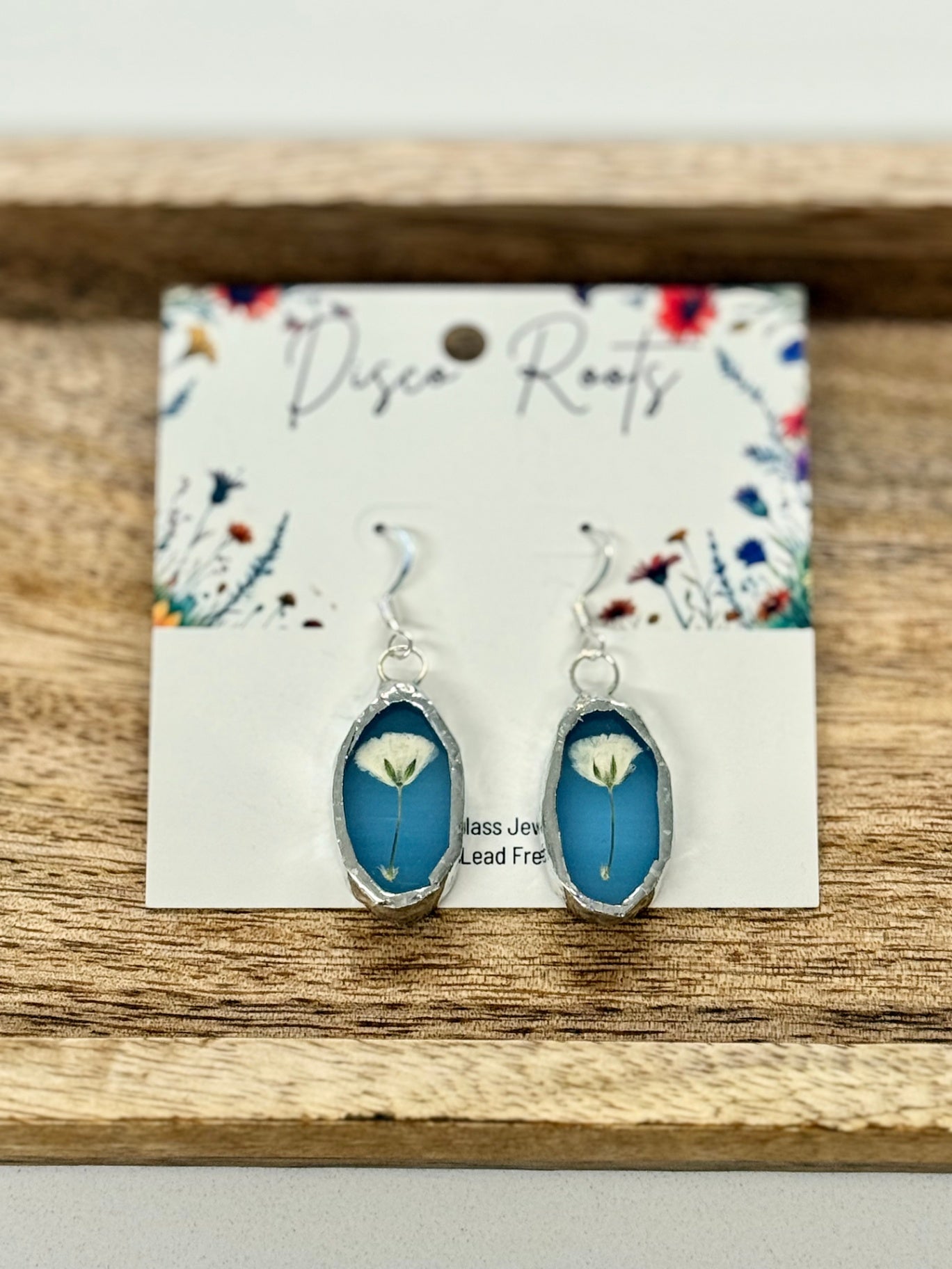 057 - Handmade Blue Stained Glass Pressed Flower Earrings – Nickel Free