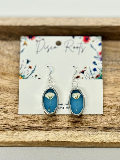 057 - Handmade Blue Stained Glass Pressed Flower Earrings – Nickel Free
