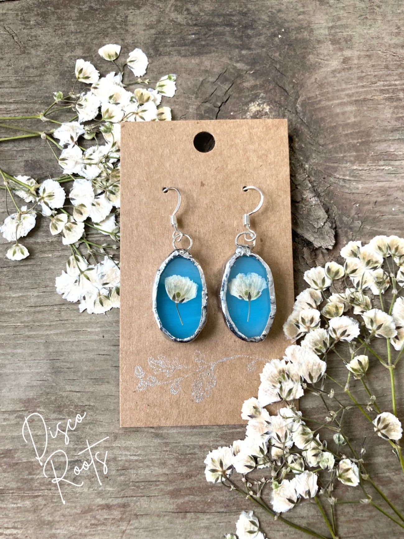 057 - Handmade Blue Stained Glass Pressed Flower Earrings – Nickel Free