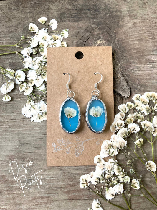 Handmade Blue Stained Glass Pressed Flower Earrings – Nickel Free